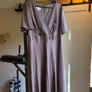 Birdy Grey Long Satin Mocha V-Neck Dress with Front Slit